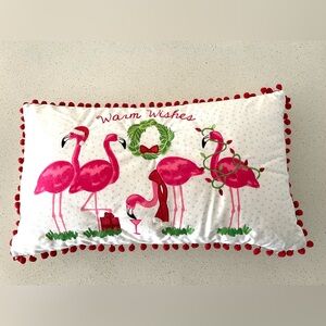 Festive Flamingo Holiday throw Pillow with embroidered and tassel accents